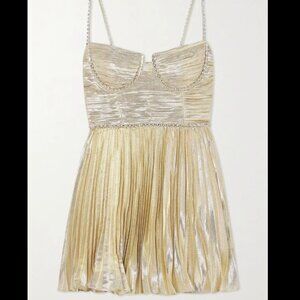 SELF-PORTRAIT Crystal-Embellished Plissé-Lamé Mini Dress NWT